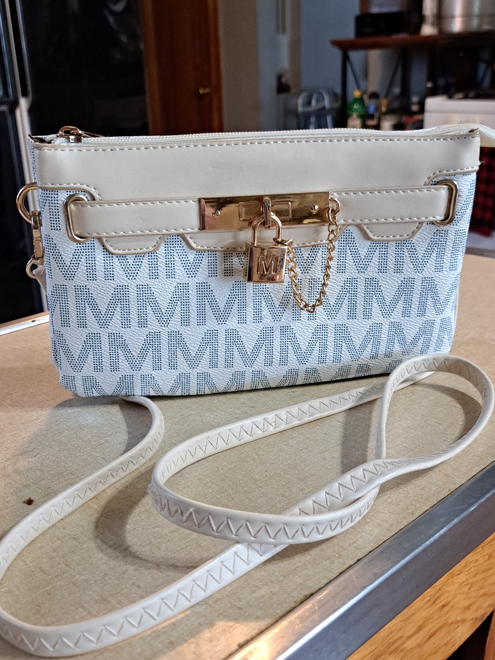 Source Unknown White and Light Blue Monogram Crossbody with Gold Lock